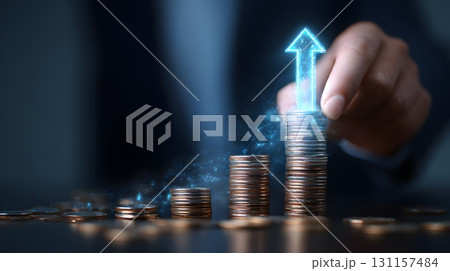 businessman stacking coins with futuristic upward arrow hologram 131157484