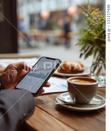 investor checking stock growth data on smartphone in bright cafe investor checking stock growth data on smartphone in bright cafe 131157486