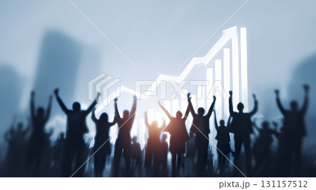 group celebrating investment milestone with rising chart background 131157512