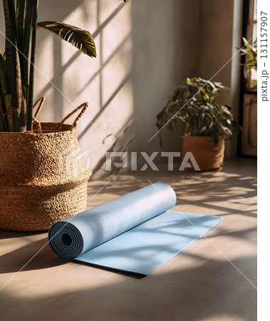 Minimal yoga mat in bright studio interior with soft natural light 131157907