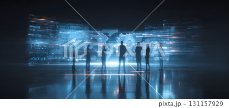 futuristic digital meeting holographic graphs projection 131157929