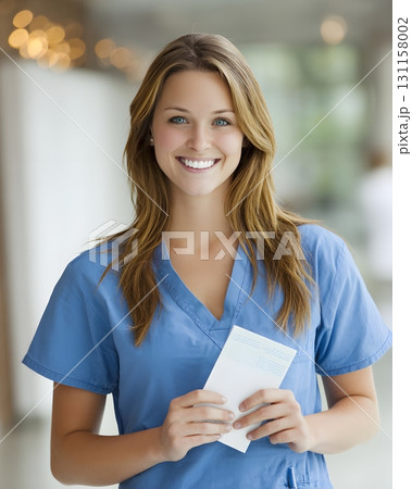 Smiling young nurse holding wellness booklet 131158002