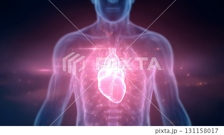 Digital illustration of heart glowing around a human figure 131158017