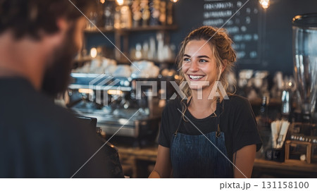 Friendly barista serving customer in coffee shop interior 131158100