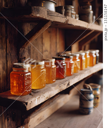 Rustic wooden shelf with jars of local honey 131158147