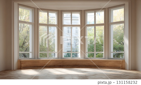 Elegant empty interior neutral modern design panoramic window 131158232