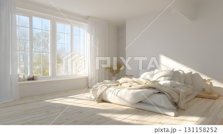 Bright cozy minimal bedroom empty with soft daylight 131158252