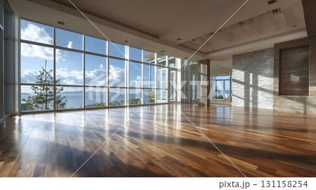 Luxury modern house empty dining hall with floor to ceiling glass 131158254