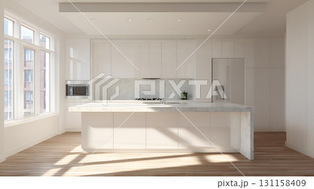 Modern urban apartment empty kitchen interior daylight minimal 131158409