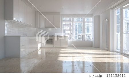 Modern urban apartment empty kitchen interior daylight minimal Modern urban apartment empty kitchen interior daylight minimal 131158411