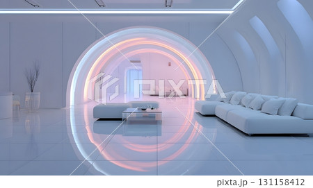 Spacious futuristic lounge empty interior soft neon accents Spacious futuristic lounge empty interior soft neon accents 131158412