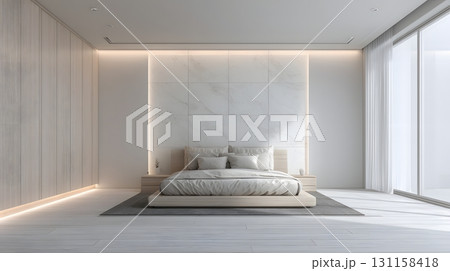 Minimal luxury bedroom empty with smooth walls and light 131158418