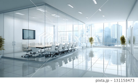 Modern office building empty conference room glass walls sleek design 131158473
