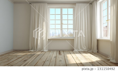 Bright cozy empty bedroom with wooden floor white curtains natural light 131158492