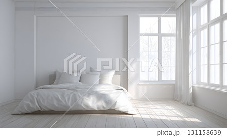 Contemporary empty bedroom interior soft light muted tones open space 131158639