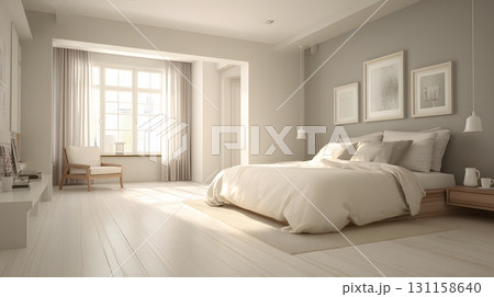 Contemporary empty bedroom interior soft light muted tones open space 131158640