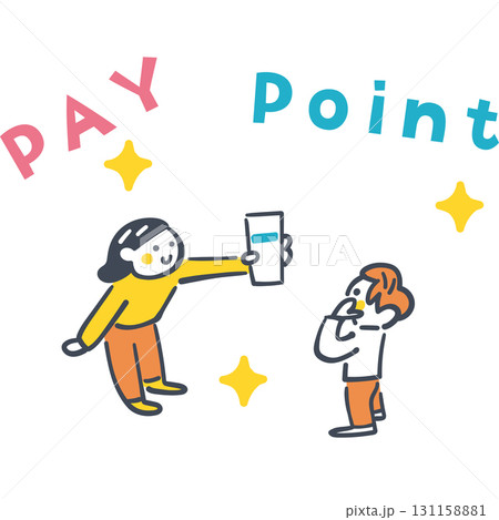 キャッシュレス決済とポイント還元を学ぶ子どもたち　スマホと電子マネーのイラスト 131158881