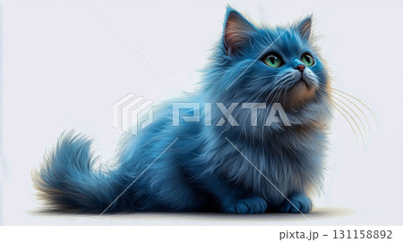A fluffy blue kitten with big green eyes on a blurred background. 131158892