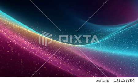 Multi-colored waves smoothly flow into each other with small dots resembling stars or particles of light. A color palette consisting of blue, pink and purple shades. 131158894