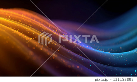 Bright iridescent waves of luminous particles. The upper part is in orange-gold shades, smoothly turning into cool blue and blue tones in the lower part. 131158895