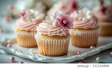 The cupcakes are decorated with pink frosting and decorative elements in the form of flowers and pearl balls. 131158896