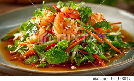 Shrimp salad with fresh green leaves and thin vegetable strips. The dish is decorated with chopped nuts or seeds. A light lunch or snack. 131158897