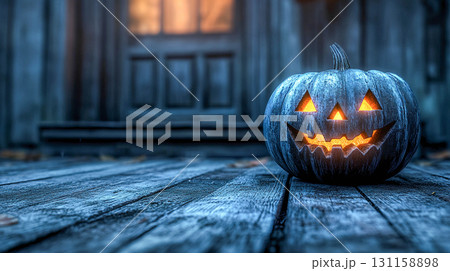 A Halloween pumpkin with a bright, glowing smile and triangular eyes on a blue wooden surface. 131158898
