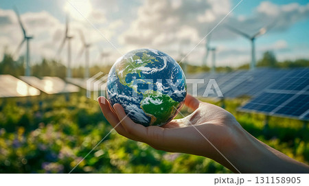 A hand holding a miniature Earth in front of a field of greenery and many wind turbines. The importance of taking care of the planet and using renewable energy sources. 131158905