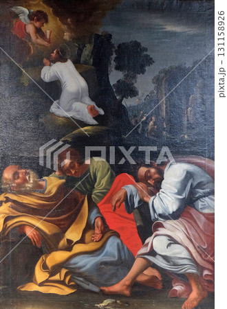Agony in the Garden, Jesus in the Garden of Gethsemane, the Apostles sleep, painting in the Neumunster Collegiate Church in Wurzburg, Germany Agony in the Garden, Jesus in the Garden of Gethsemane, the Apostles sleep, painting in the Neumunster Collegiate Church in Wurzburg, Germany 131158926