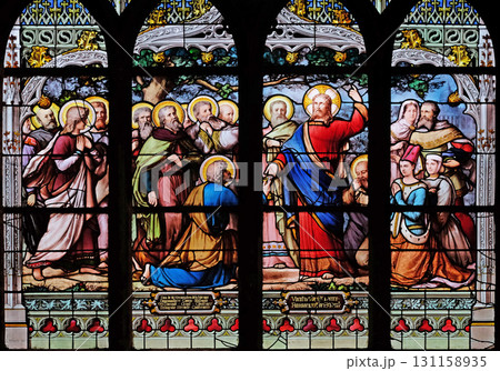 Jesus gives Peter the keys to the Kingdom, stained glass window in Saint Severin church in Paris, France Jesus gives Peter the keys to the Kingdom, stained glass window in Saint Severin church in Paris, France 131158935