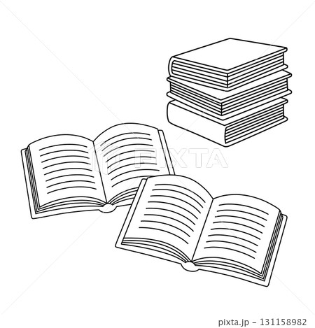 開いた本と積み上げた本の白黒線画イラスト 131158982