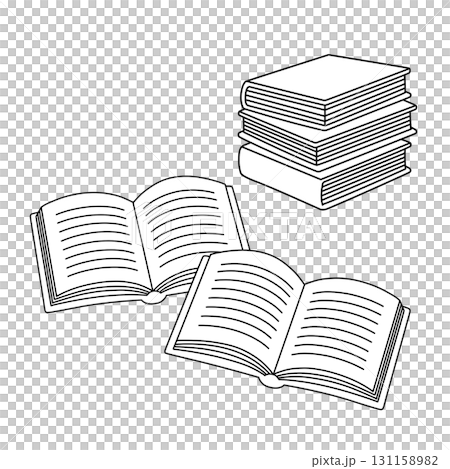 一本打開的書和一疊書的黑白線條描插圖 131158982