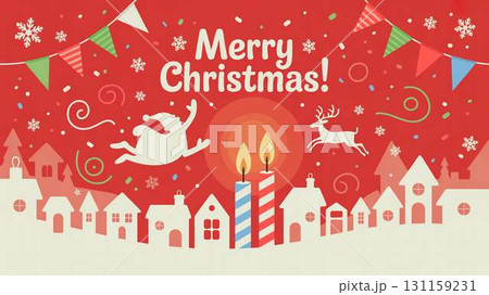 サンタと雪の街並みに灯るキャンドルのクリスマスイラスト 131159231