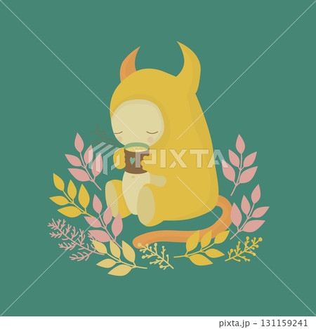 Illustration of a friendly yellow cartoon monster enjoying a mug of hot tea in the forest 131159241
