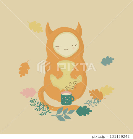 Illustration of a cute orange monster in the autumn forest, cozy picnic 131159242