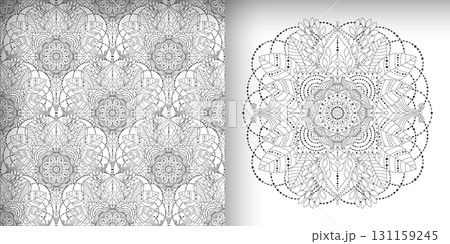 Abstract black and white seamless pattern and mandala, oriental, asian motifs Abstract black and white seamless pattern and mandala, oriental, asian motifs 131159245