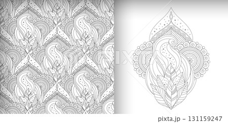 Oriental, asian motifs in black and white patterns, abstract and floral details 131159247