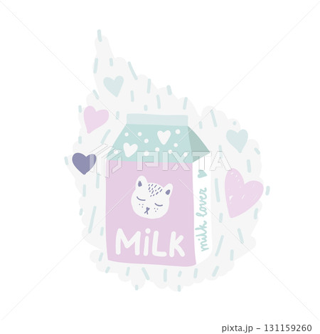 Cute funny illustration of a milk carton with a cat on it 131159260