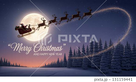 満月の夜空を飛ぶサンタクロースとトナカイのクリスマスイラスト 131159441