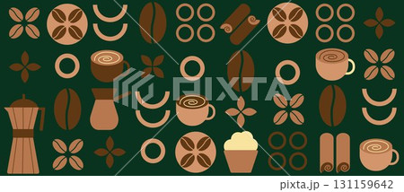 Geometric coffee and tea pattern in Bauhaus style.  Abstract print background with simple shapes for coffee shop, food packaging, cafe wall, menu. 131159642