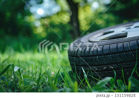car tyre on top of grass the tyre of the car is new the tyre need to be attached to the car. 131159828
