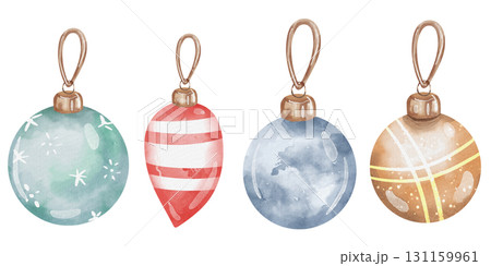 Set of various Christmas tree decorations. Illustration of watercolor balls for decorating the tree. Isolated on white background. Gold, blue, and red ball 131159961