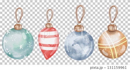 Set of various Christmas tree decorations. Illustration of watercolor balls for decorating the tree. Isolated on white background. Gold, blue, and red ball Set of various Christmas tree decorations. Illustration of watercolor balls for decorating the tree. Isolated on white background. Gold, blue, and red ball 131159961