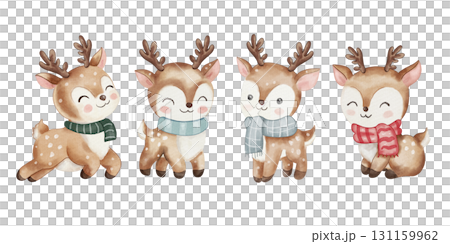 Cute watercolor Christmas reindeer wearing scarves. Fun winter characters for New Year's decorations, greeting cards, children's illustrations, and festive designs Cute watercolor Christmas reindeer wearing scarves. Fun winter characters for New Year's decorations, greeting cards, children's illustrations, and festive designs 131159962