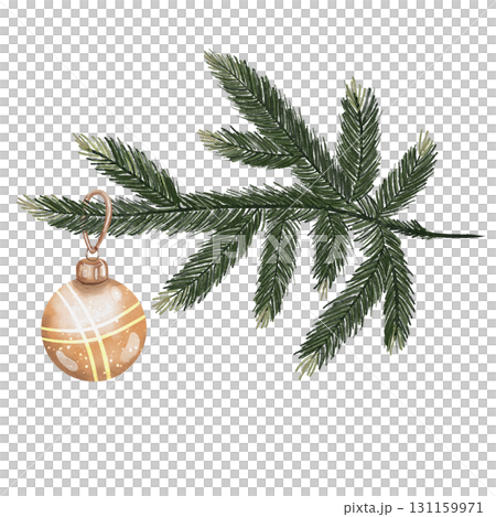 Watercolor illustration of green fir branch Christmas tree with golden glass Christmas ball. Isolated on white background for holiday designs 131159971