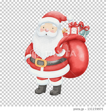 Santa Claus with large red bag of gifts. Smiling symbol of Christmas and New Year. Watercolor illustration, isolated on white background 131159975