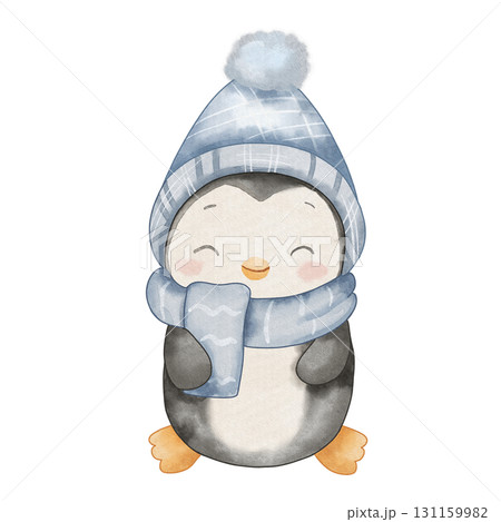 Cute little penguin wearing blue hat with pompom and blue scarf. Watercolor children illustration, isolated on white background Cute little penguin wearing blue hat with pompom and blue scarf. Watercolor children illustration, isolated on white background 131159982