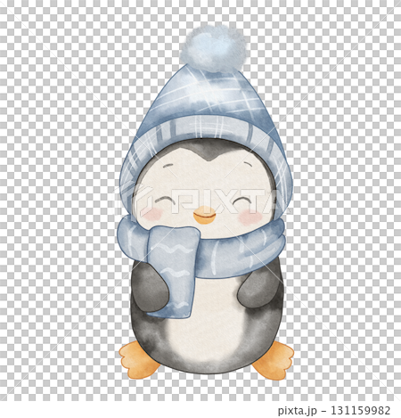 Cute little penguin wearing blue hat with pompom and blue scarf. Watercolor children illustration, isolated on white background Cute little penguin wearing blue hat with pompom and blue scarf. Watercolor children illustration, isolated on white background 131159982