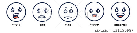 Five emoji faces depicting various emotional states 131159987