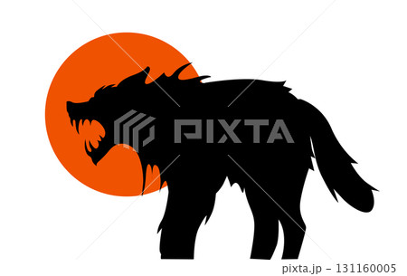 Ferocious wolf silhouette with red sun in background 131160005